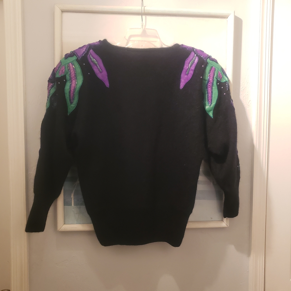 Erez Vintage Sweater large black Angora Rabbit Hair Leather Snakeskin - Picture 5 of 12